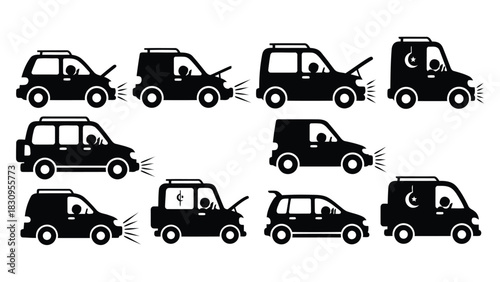 Black flat vector car and van icons with drivers, open hoods, trunks, roof racks, headlights, and religious or dollar, isolated on white background