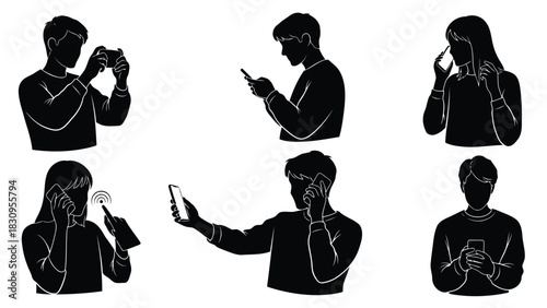 Flat vector illustration of people silhouettes interacting with smartphones, showcasing modern digital communication, isolated on white background