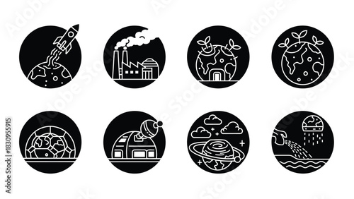 Comprehensive set of eight flat vector icons illustrating various environmental, space, and industrial concepts within, isolated on white background