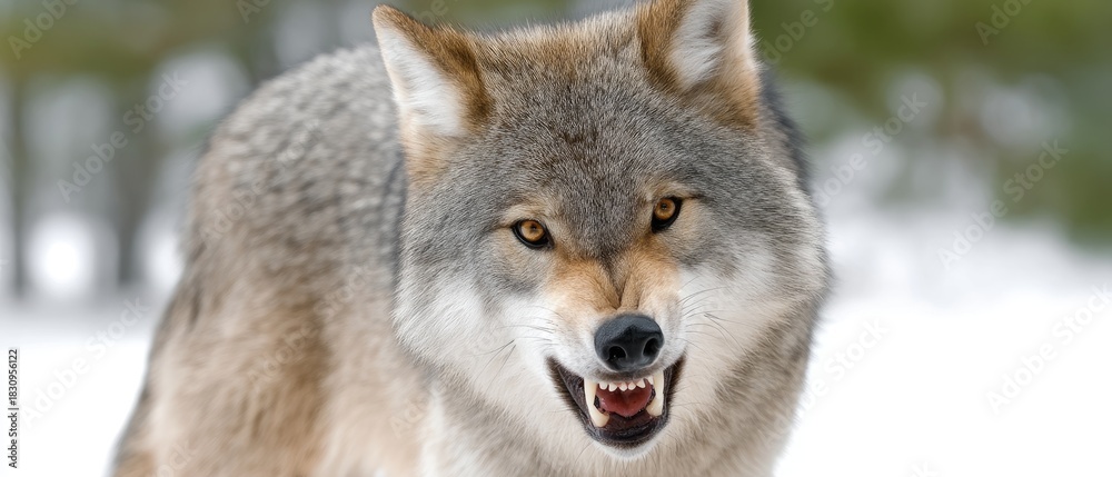 Fototapeta premium Wolf snarling in snow-covered forest during winter season showcasing its fierce demeanor