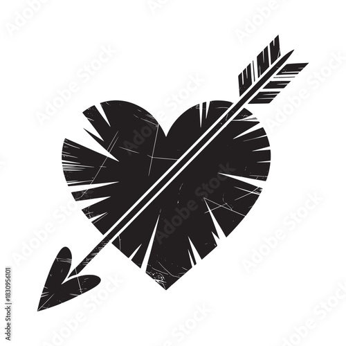 Black heart pierced by arrow grunge style illustration