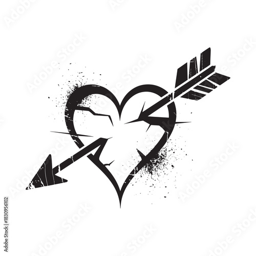 Broken heart pierced by an arrow grunge style illustration