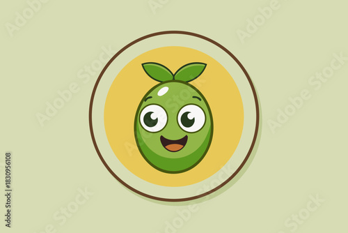 Adorable cartoon green olive character with big eyes and a happy smile set against a soft pastel background