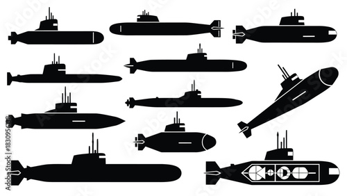 Diverse collection of black silhouette submarine icons, showcasing various designs, profiles, and one detailed internal, isolated on white background