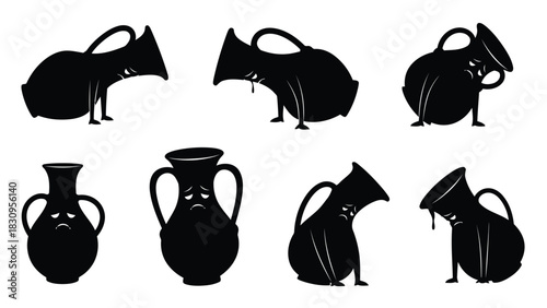 Flat vector illustration of sad anthropomorphic black ceramic jugs and amphorae with unhappy faces, some weeping, in, isolated on white background