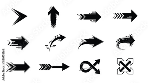 Diverse collection of twelve modern black flat vector arrow icons displaying various directions, movements, and, isolated on white background