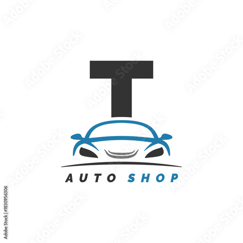 letter T logo auto mechanic with car design. Alphabet T automotive car style icon