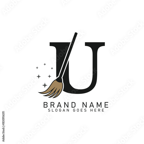 Letter U House Cleaning Broom Logo. Alphabet U Cleaning Brush Icon