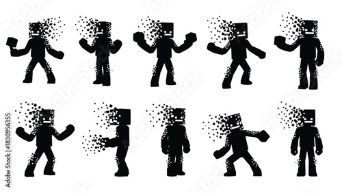 Black pixelated dissolving figures with square heads in various poses, symbolizing digital decay, data loss, and, isolated on white background