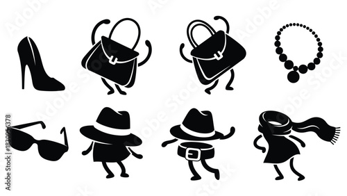 Playful flat vector illustration of anthropomorphic black fashion accessories: dancing handbags, walking hats, high, isolated on white background