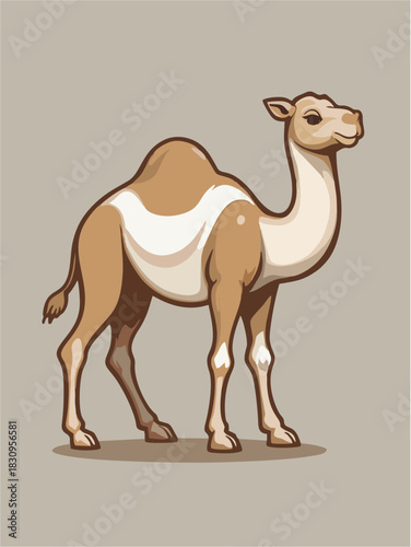 A serene camel standing tall embodying the spirit of the desert adventure in a minimalist
A calm, illustrated camel stands on a neutral background