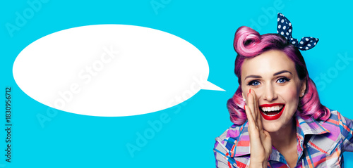 Portrait image - beautiful happy smile woman saying advertise yelling. Pin up pinup cute girl with white empty mockup speech bubble, retro fashion vintage ad concept, isolated blue green background