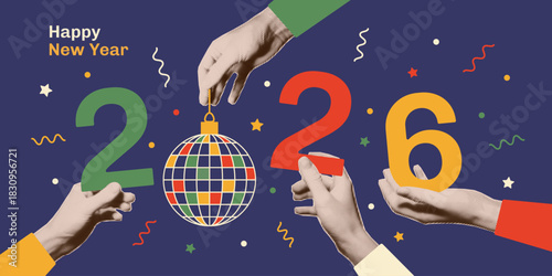 New year collage. Hands with trendy halftone effect holding numbers 2026 and disco ball. Vector design elements, greeting card, invitation, banner.