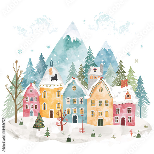 Cozy Winter Village Scene With Colorful Houses and Snow-Covered Mountains
