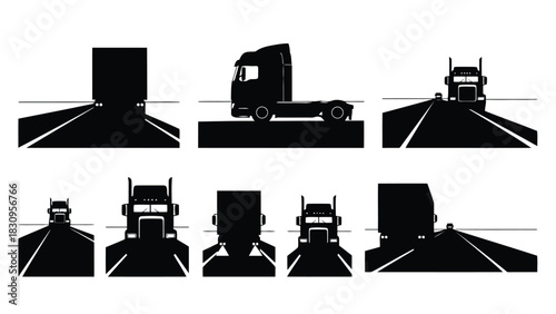 Collection of black silhouette flat vector illustrations depicting various semi trucks and lorries driving on highways,, isolated on white background