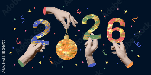 New year collage. Hands with trendy halftone effect holding numbers 2026. Vector design elements, greeting card, invitation, banner.