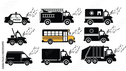 Charming flat vector illustration set showcasing a diverse collection of public service and emergency vehicles,, isolated on white background