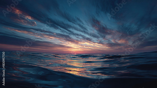A serene ocean at sunset, capturing the dramatic sky. The calm water reflects the vibrant colors of the sky