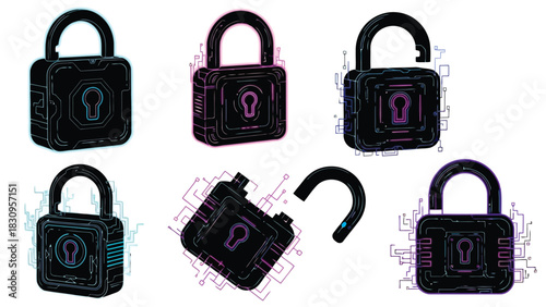 Futuristic black padlocks with glowing neon outlines, depicting digital security, data protection, and cybersecurity,, isolated on white background