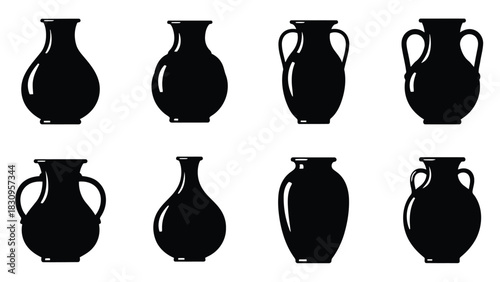 Collection of diverse black pottery silhouettes, including elegant vases and classic amphora designs with handles,, isolated on white background