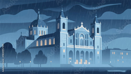 View of the Old Church Building at Night Illustrator Artwork Banner Background Design Template 