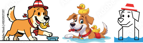Cute lifeguard dog with rubber ducks, playful cartoon puppy swimming and rescuing toys, fun animal illustration for summer scenes