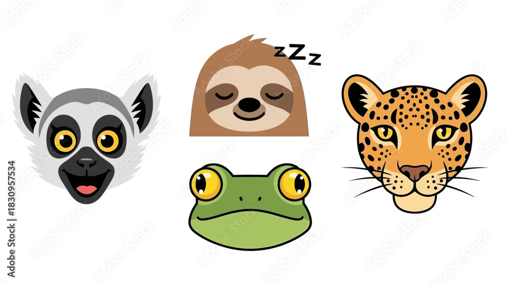 Obraz premium Collection of cute cartoon animal faces: lemur, sloth, frog, and leopard.