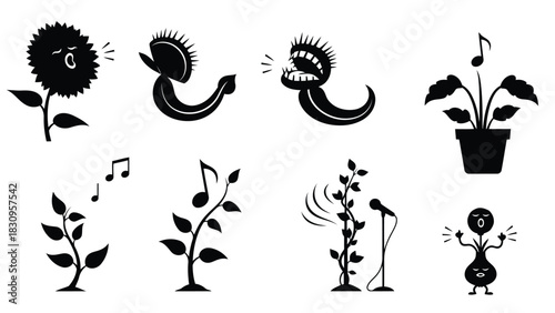 Flat vector illustration of whimsical singing plants and a bulb creature, with musical notes and sound waves,, isolated on white background