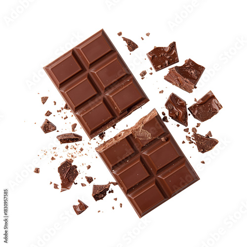 Chocolate Bar Broken Into Pieces With Crumbs Scattered Around on a White Back...