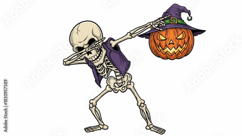 Skeleton dabbing with a Halloween pumpkin wearing a witch hat.