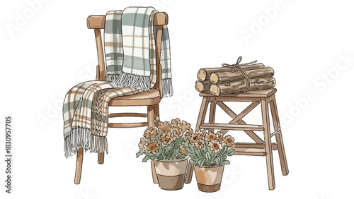 Cozy rustic home decor with chair, blanket, logs and flowers.