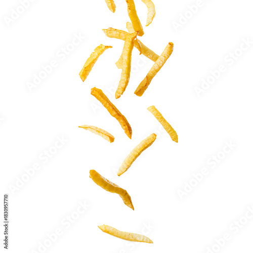Golden French Fries Scattered on a White Surface Creating a Casual Dining Vibe