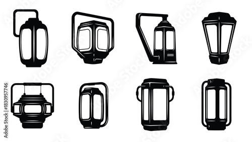 Collection of traditional vintage lanterns and old fashioned illuminating lamps, presented as flat vector, isolated on white background