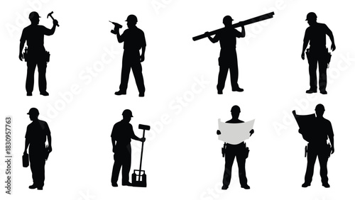 Collection of professional construction worker silhouettes holding various tools, carrying materials, and reviewing, isolated on white background