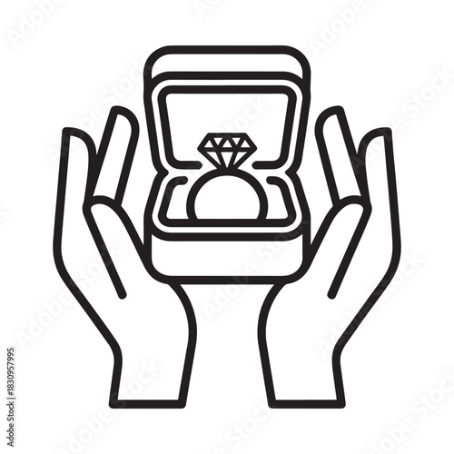 Hands presenting an open ring box with a diamond ring