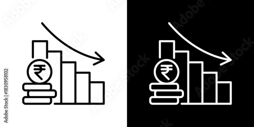Chart Down Icon With Rupee Currency Symbol. Fresh Line Design Built For Creative Flexibility In Light And Dark Versions.