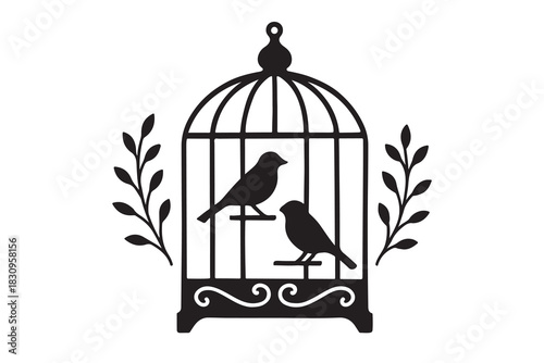 Elegant black silhouette of two birds perched inside an ornate birdcage with decorative leaves isolated on white background silhouette