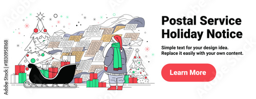 Santa Christmas postal service holiday notice concept Santa in red hat with sleigh gifts letters snowy landscape decorated tree festive banner