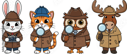 Cute Cartoon Vector Set of Animal Detectives, Wearing Trench Coats and Deerstalker Hats, Holding Magnifying Glasses, and Carrying Cameras, Ready to Solve a Mystery or Investigate a Crime