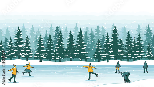 An illustrated winter landscape showing people having fun ice skating on a frozen lake with a snowy pine forest in the background