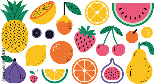 Bold Flat Design Tropical Fruit Vector Set Featuring Pineapple, Watermelon, Fig, Strawberry, Cherry, Lemon, Orange, and Pear for Health and Food.