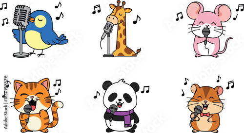 Cute Cartoon Vector Set of Animals Singing or Performing Karaoke, Featuring a Bird, Giraffe, Mouse, Cat, Panda, and Hamster with Microphones and Musical Notes