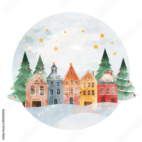 Winter Village Scene With Colorful Houses and Snow-Covered Trees