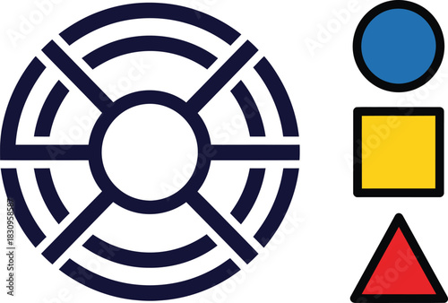 Abstract geometric composition with vibrant red green blue and yellow elements featuring clean lines and modern design suitable for graphic backgrounds and creative projects