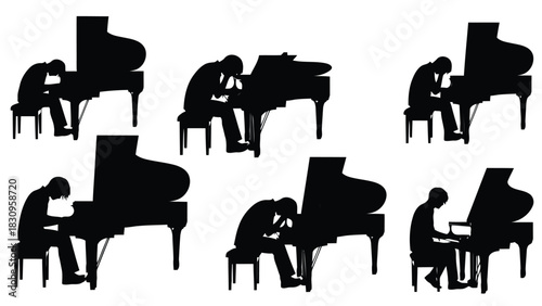 Flat vector illustration of a male musician silhouette intensely playing a grand piano, conveying deep concentration, isolated on white background