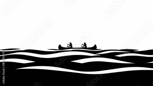 Two people paddling a canoe on a wavy body of water.