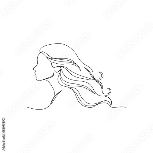 a woman’s side face  modern aesthetic,  sweeping her long wavy hair backward with curves continuous line art outline