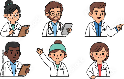 Cute Cartoon Vector Set of Diverse Doctors and Medical Staff Avatars, Posing with Clipboards and Tablets, Representing Healthcare, Consultation, and Friendly Professionalism