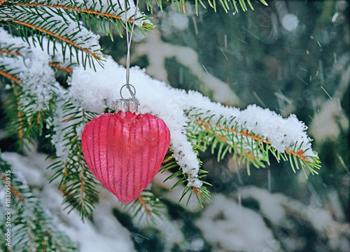 A toy heart on a Christmas tree in the park