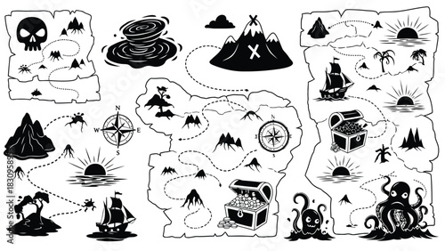 Flat vector pirate treasure map elements set: skull, mountains, whirlpool, compass, ship, island, treasure chest,, isolated on white background